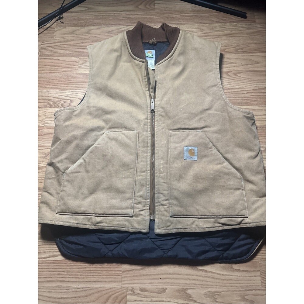 Carhartt Men’s Brown Duck Cotton Canvas Lined Full Zip Mock Neck Vest XL Worn